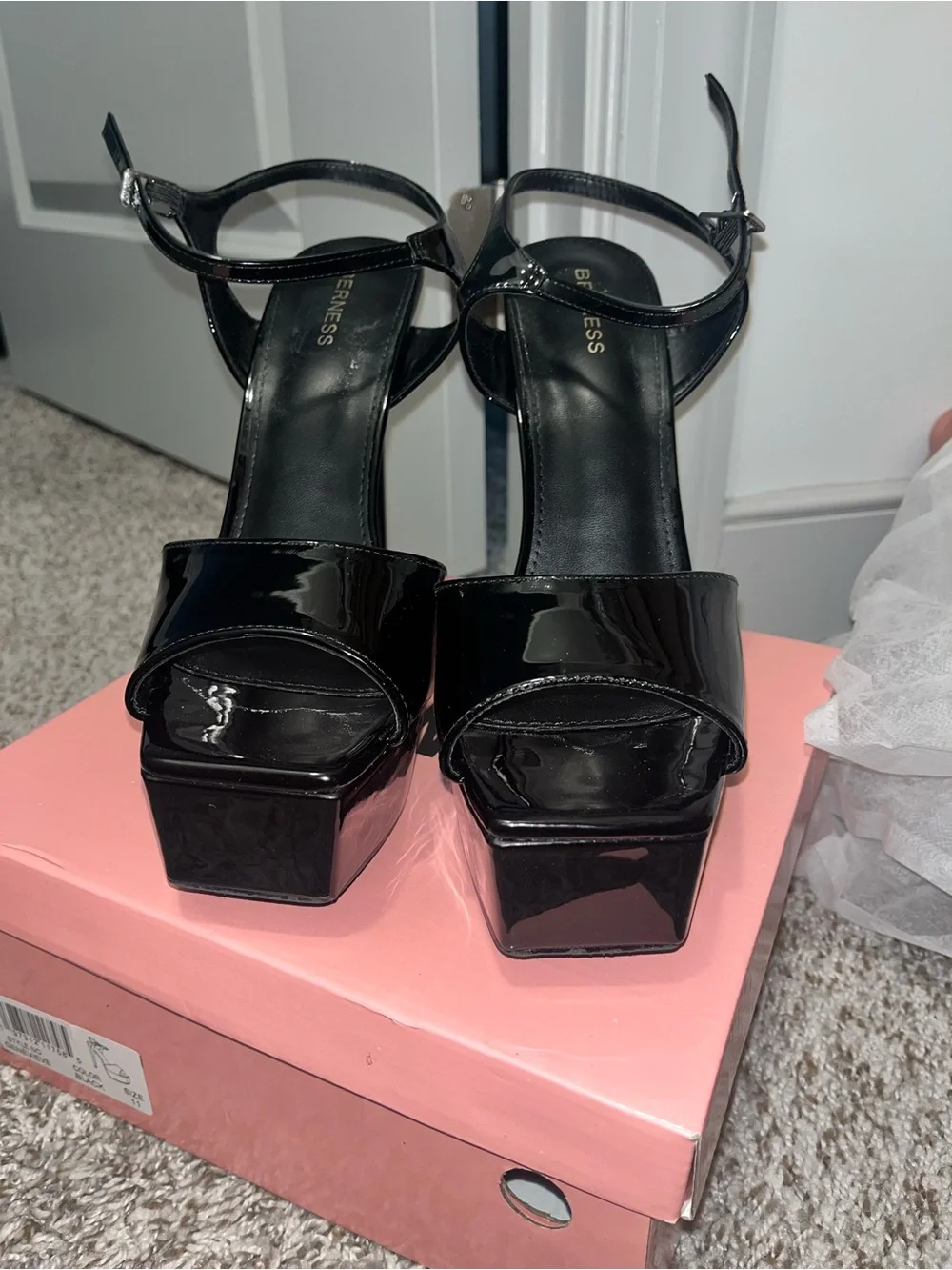 Berne’s Genevieve Black Patent Platform High Heel Sandals